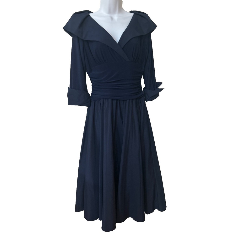 ELIZA J Navy Dress NY Style 50'S FLARE Midi Sz Small Cocktail Mother of Bride